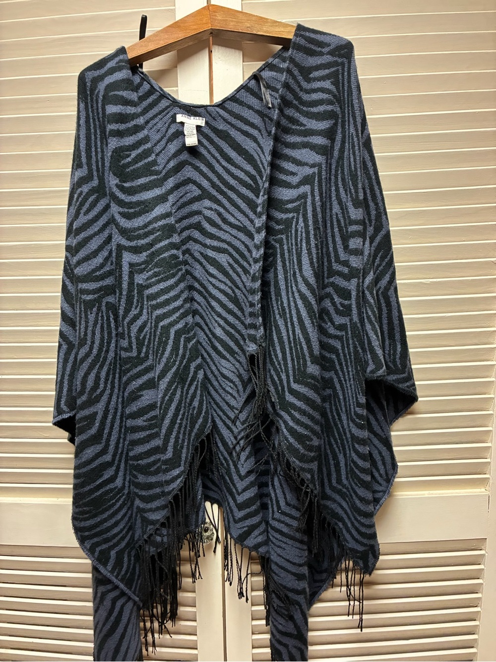 Anne Klein Blue and Black Zebra-Print Fringe Poncho